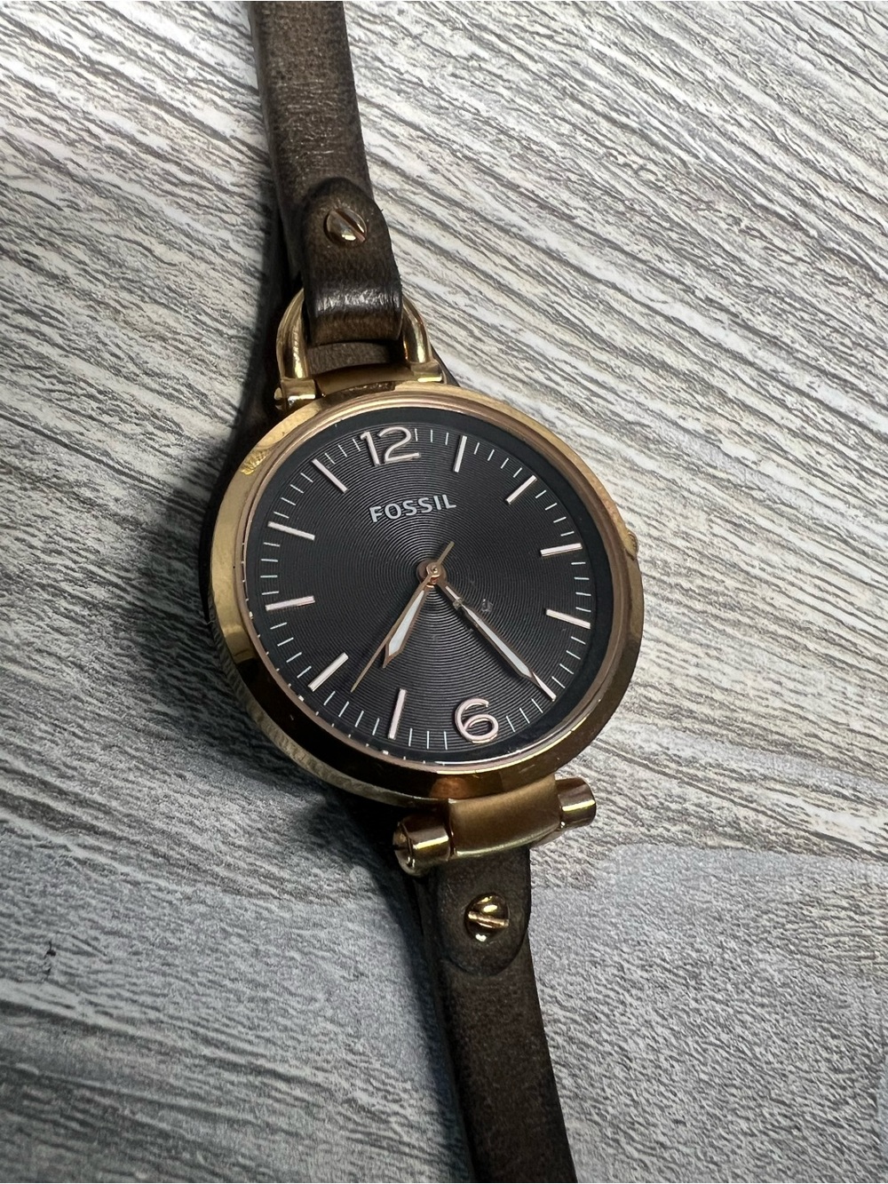 Fossil Black Dial Rose-Gold Tone Case Brown Leather Strap Watch